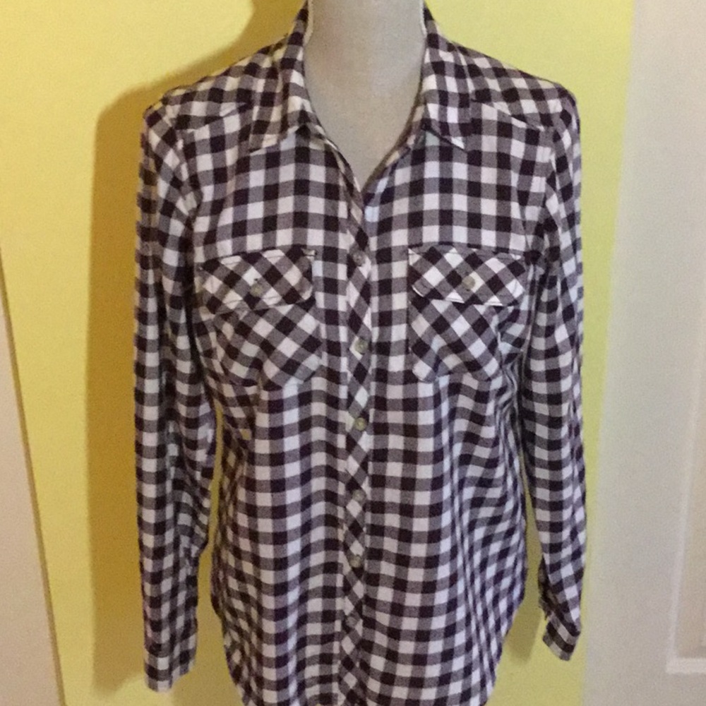 Croft & Barrow Brown & White plaid top SZ S